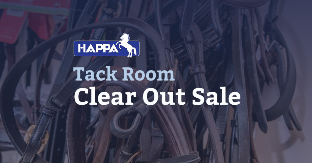 HAPPA Tack Room Clear Out Sale poster with horse tack and bridles, supporting equine welfare in Lancashire.